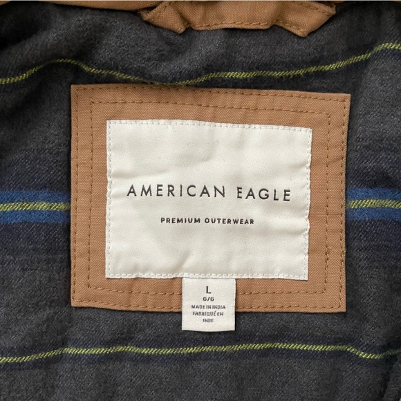 American Eagle Brand Flannel Lined Hooded Jacket Tan L - Picture 6 of 8